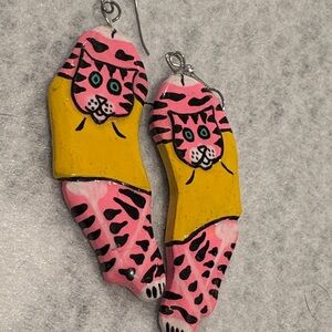 Hand Painted Pink and Yellow Wood Cat Earrings New light adorable workout cat